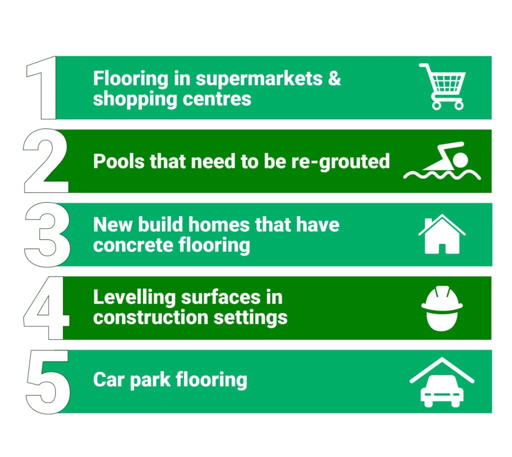 Airtec floor scabbler applications infographic for flooring, grout, concrete and car parks.