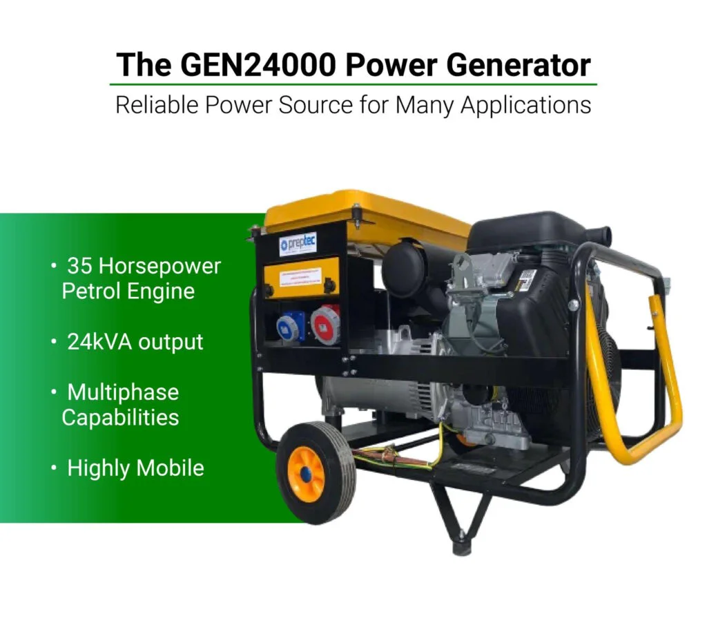 GEN24000 power generator infographic with 35HP petrol engine, 24kVA output and mobility.