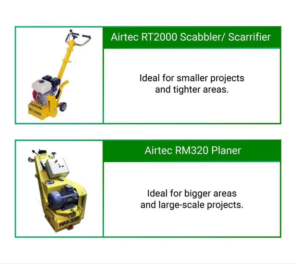 Airtec RT2000 scabbler and RM320 planer comparison for small and large floor projects.