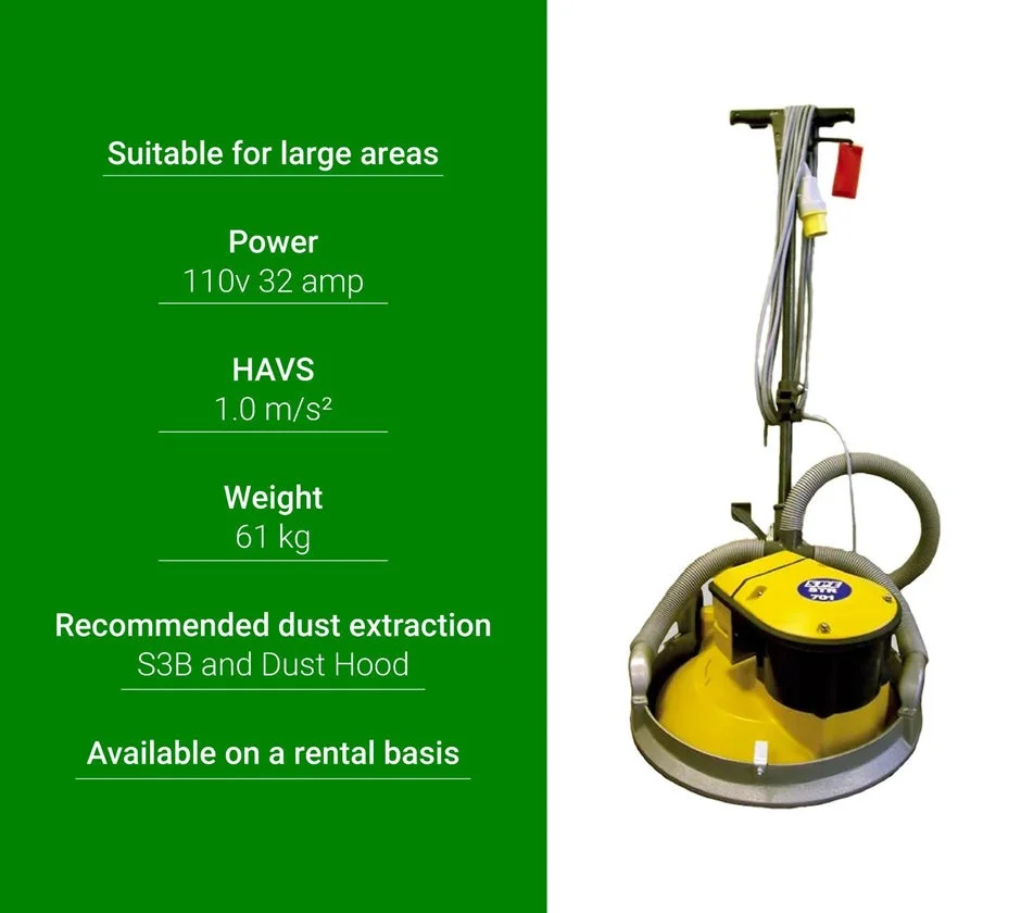 Concrete floor sander specs: 110v, 61kg, dust extraction and rental available.